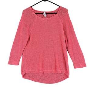 Chicos Womens Sweater Coral Crew Neck Open Knit Three Quarter Sleeve Hi Low 1